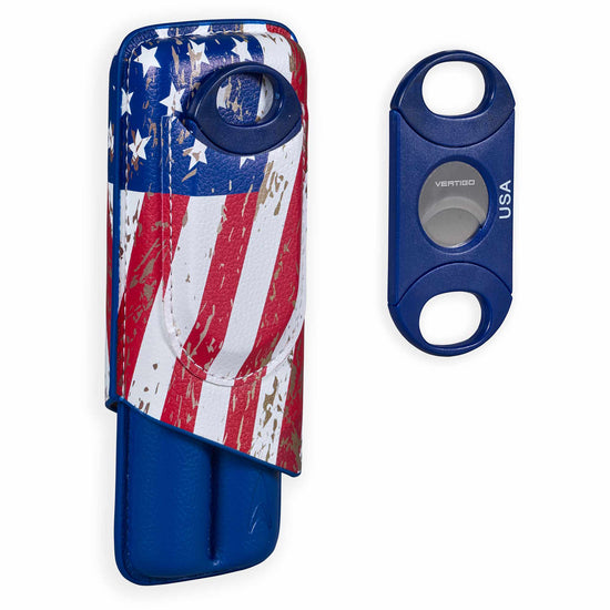 Lotus 2-Stick Cigar Case w/ Cutter Gift Set - USA Flag